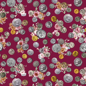 Ancient Coins Pattern with Watercolor Flowers on Red Background Ready for Textile Print.