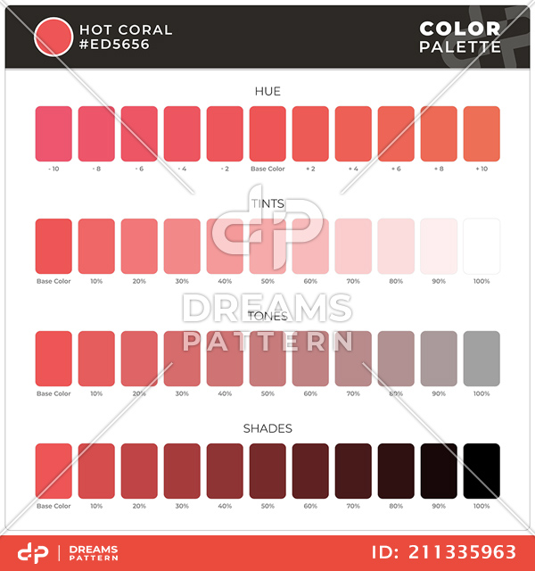 Hot Coral / Color Palette Ready for Textile. Hue, Tints, Tones and Shades Guide.