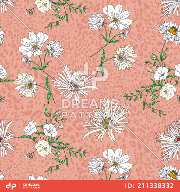 Seamless Modern Hand Drawn Floral Pattern, White Big Flowers on Peach Background.