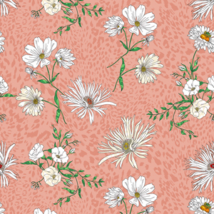 Seamless Modern Hand Drawn Floral Pattern, White Big Flowers on Peach Background.