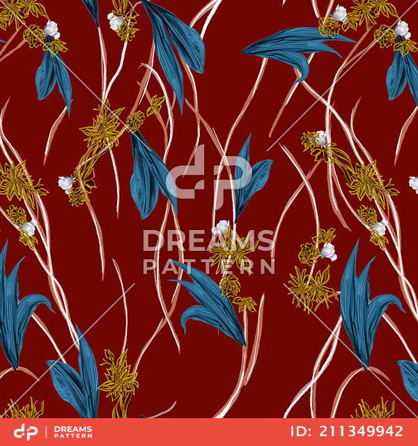 Modern Design for Fashion, Seamlees Hand Drawn Flowers with Leaves on Dark Red.