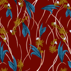 Modern Design for Fashion, Seamlees Hand Drawn Flowers with Leaves on Dark Red.