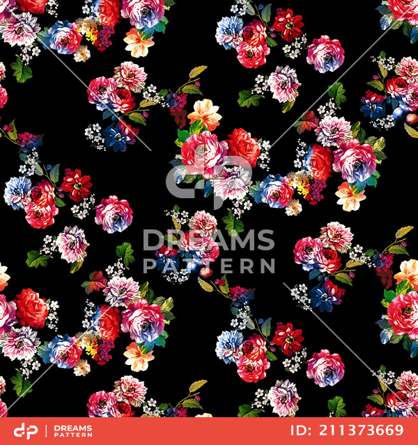 Seamless Hand Painted Flowers and Leaves, Watercolor Pattern on Black Background.