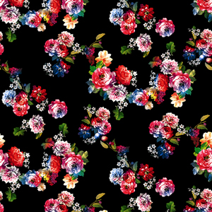 Seamless Hand Painted Flowers and Leaves, Watercolor Pattern on Black Background.