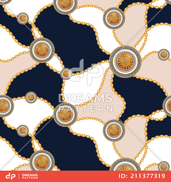 Seamless Pattern of Golden Chains and Motifs on Dark Blue Background.