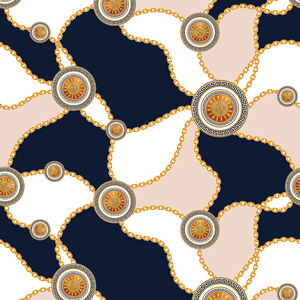 Seamless Pattern of Golden Chains and Motifs on Dark Blue Background.