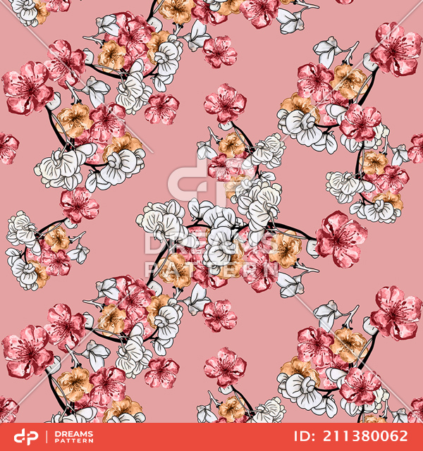 Seamless Hand Drawn Flowers Pattern, Repeated Illustration Ready for Textile Prints.