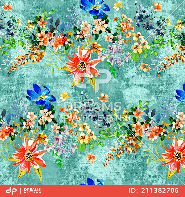 Seamless Watercolor Floral Pattern. Repeated Design of Small Flowers and Leaves.