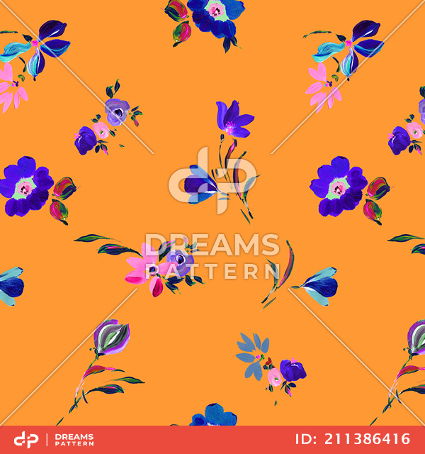 Seamless Colorful Floral Pattern, Flowers on Orange Ready for Textile Prints.