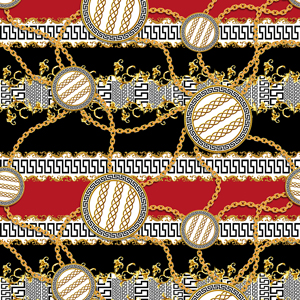 Seamless Pattern of Golden Chains and Baroque with Versace on Red Background.