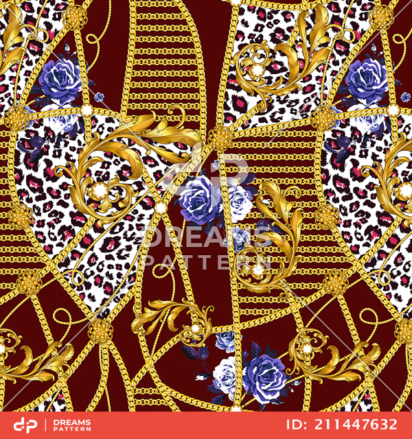 Seamless Pattern with Golden Chains, Baroque, Flowers and Leopard Skin on Red.