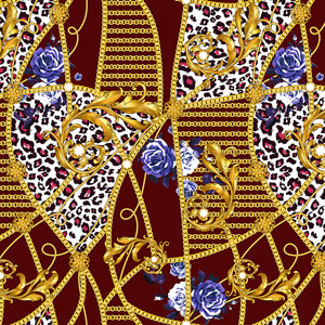 Seamless Pattern with Golden Chains, Baroque, Flowers and Leopard Skin on Red.