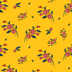 Seamless Modern Hand Drawn Red Flowers with Leaves on Yellow Background.