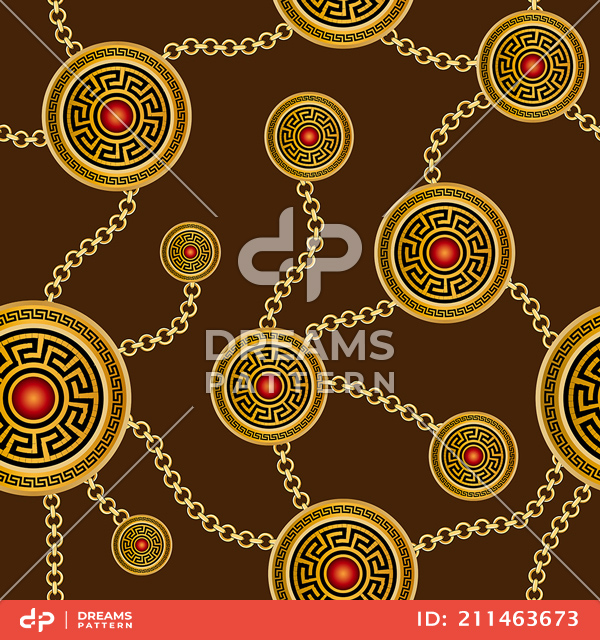 Seamless Luxury Pattern of Golden Motifs and Chains on Dark Brown Background.