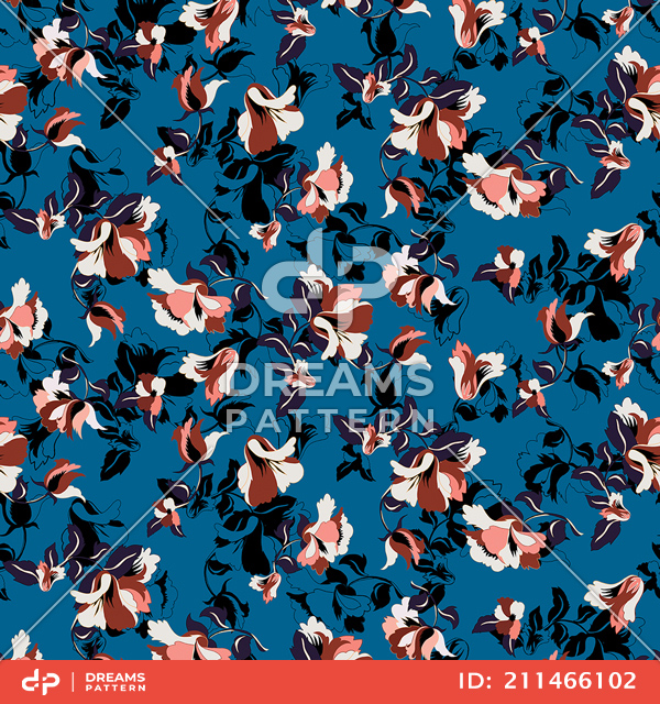 Trendy Seamless Pattern with Flowers on Blue Background, Ready for Textile Prints.