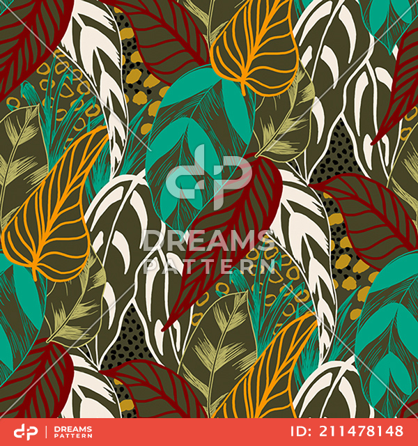 Beautiful Colorful Retro Hand Drawn Leaves, Tropical Palm Forest, Sketch Mood Pattern.