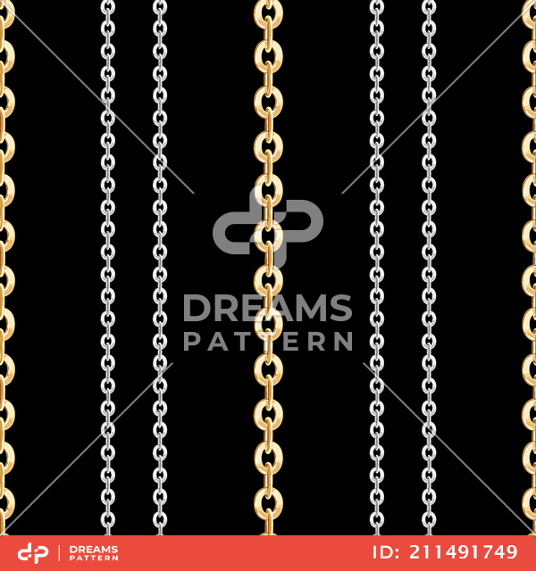 Seamless Golden and Silver Chains on Black. Repeat Design Ready for Textile Prints.