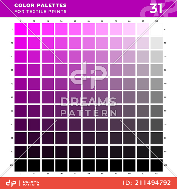 Set 31 Color Palettes for Textile Prints. Tints and Shades Chart, Colors Guide Swatches.