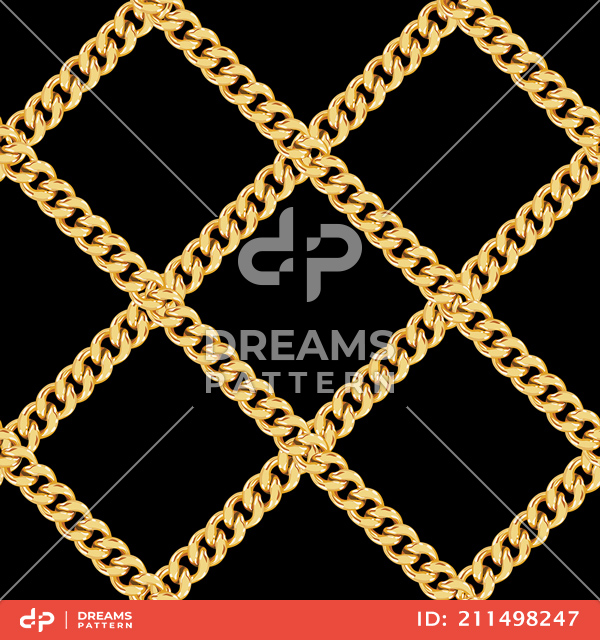 Seamless Diagonal Golden Chains on Black. Repeat Design Ready for Textile Prints.