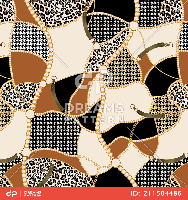 Seamless Pattern of Golden Chains and Belts, with Houndstooth on Light Background.