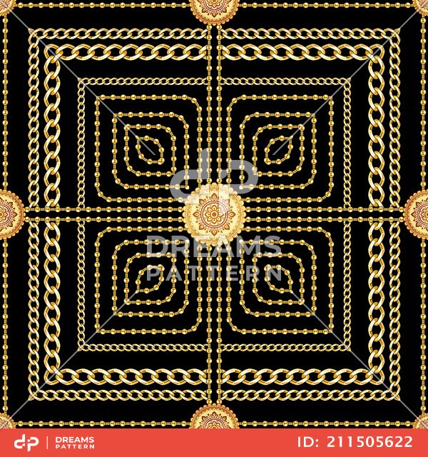 Seamless Golden Chains Pattern, on Black Background. Ready for Textile Print.