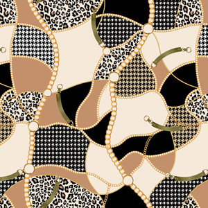 Seamless Pattern of Golden Chains and Belts, with Houndstooth on Light Background.
