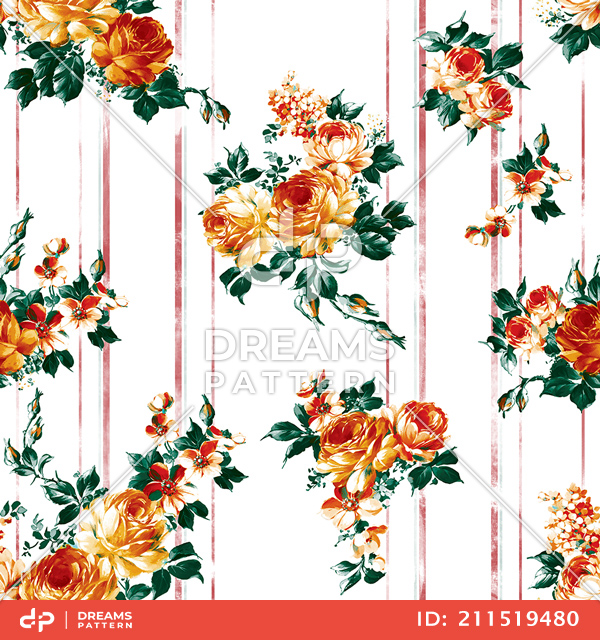 Seamless Hand Drawn Flowers with Leaves, Pretty Pattern on Striped Background.