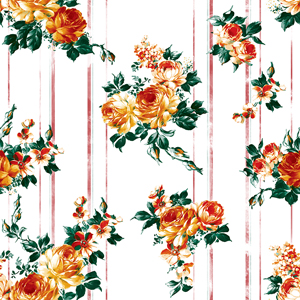 Seamless Hand Drawn Flowers with Leaves, Pretty Pattern on Striped Background.