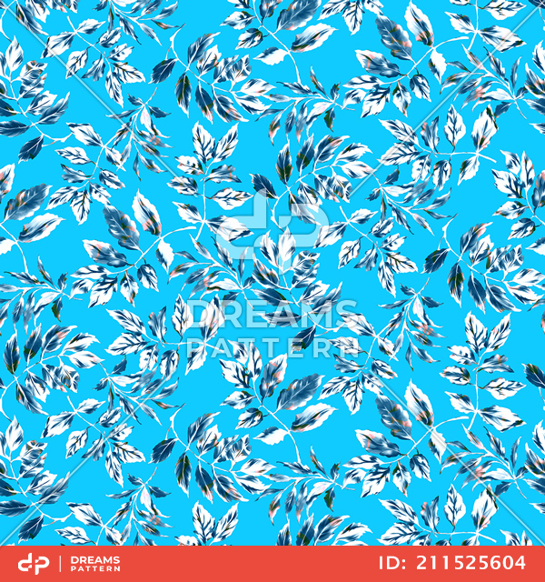 Seamless Leaves Pattern on Blue Background, Modern Style Ready for Textile Prints.