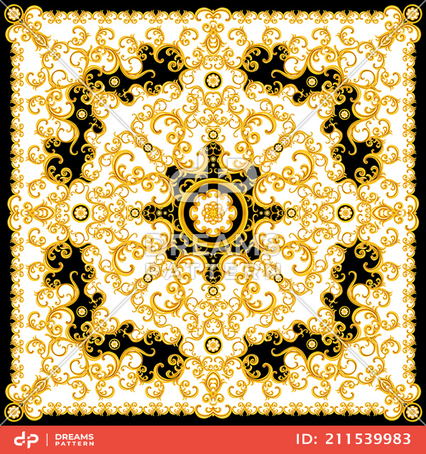 Luxury Golden Baroque Pattern, Silk Scarf Jewelry Shawl Design Ready for Fabric Prints.