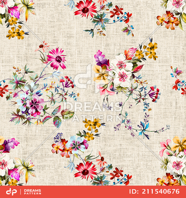 Seamless Colorful Floral Pattern, Ready for Textile Prints on Beige Background.