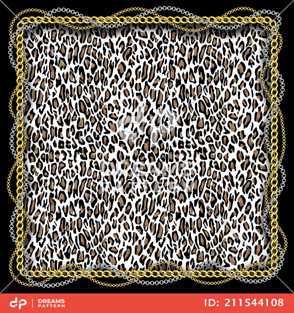 Leopard Skin Pattern with Golden and Silver Chains. Patch for Scarfs, Print, Fabric, Textile.