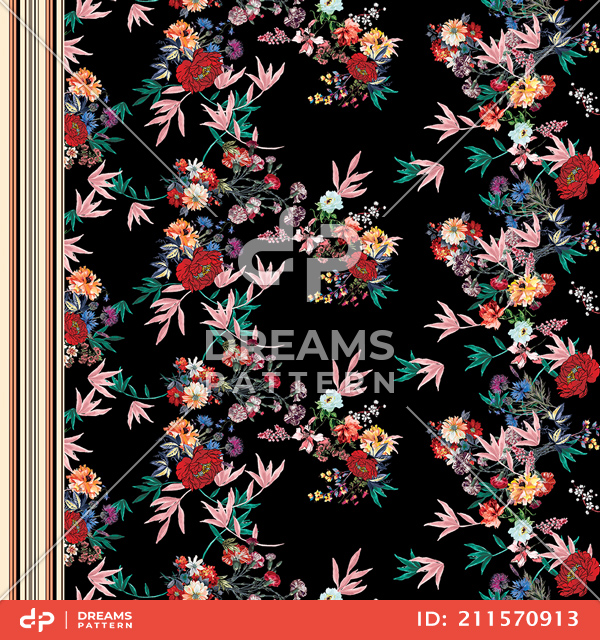 Floral with Stripes Pattern, Long Dress Design Seamless by One Side Ready for Textile Prints.