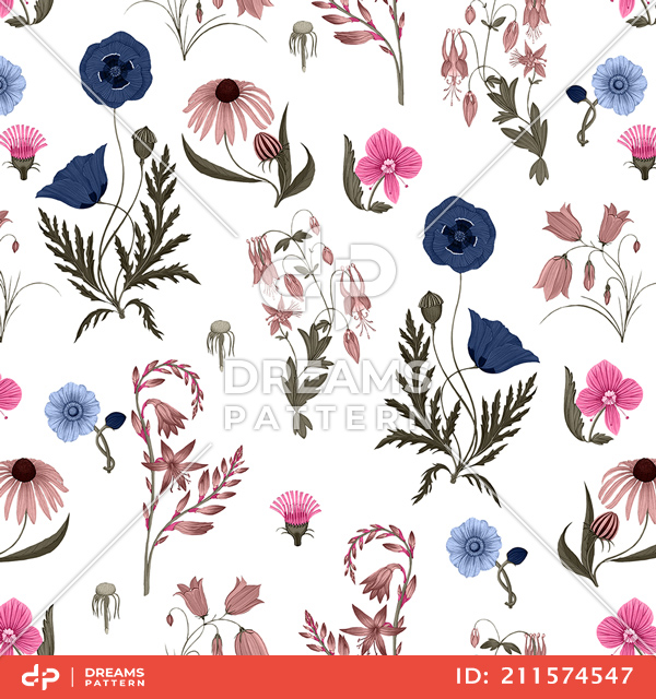 Seamless Colored Floral Pattern On White Background, Designed for Textile Prints.