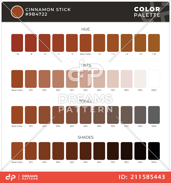 Cinnamon Stick / Color Palette Ready for Textile. Hue, Tints, Tones and Shades Guide.
