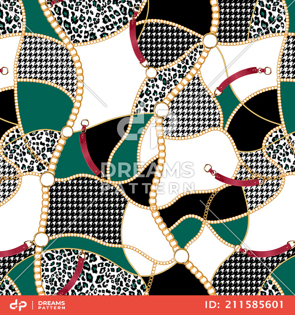 Seamless Pattern of Golden Chains and Belts, with Houndstooth on Light Background.