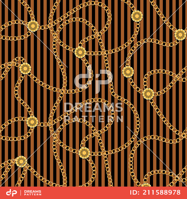 Seamless Pattern with Golden Chains on Lined Brown and Black Background.