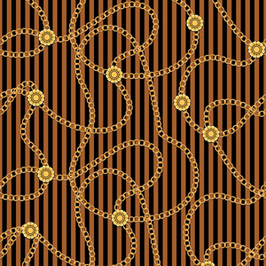 Seamless Pattern with Golden Chains on Lined Brown and Black Background.