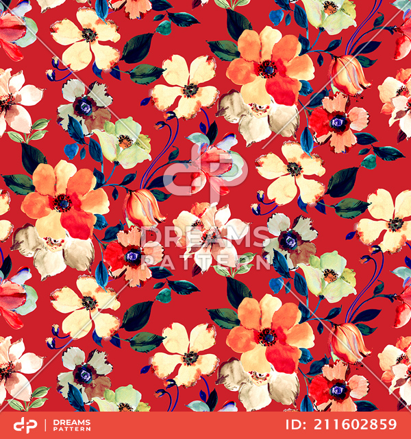 Seamless Hand Drawn Floral Design, Beautiful Flowers on Red Background.