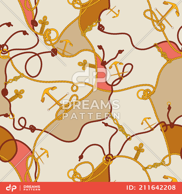 Seamless Marine Pattern with Golden Sea Anchors and Colored Ropes.