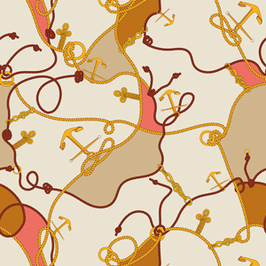 Seamless Marine Pattern with Golden Sea Anchors and Colored Ropes.