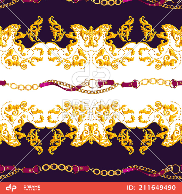 Seamless Golden Baroque Luxury Design with Belts, Ready for Textile Prints.