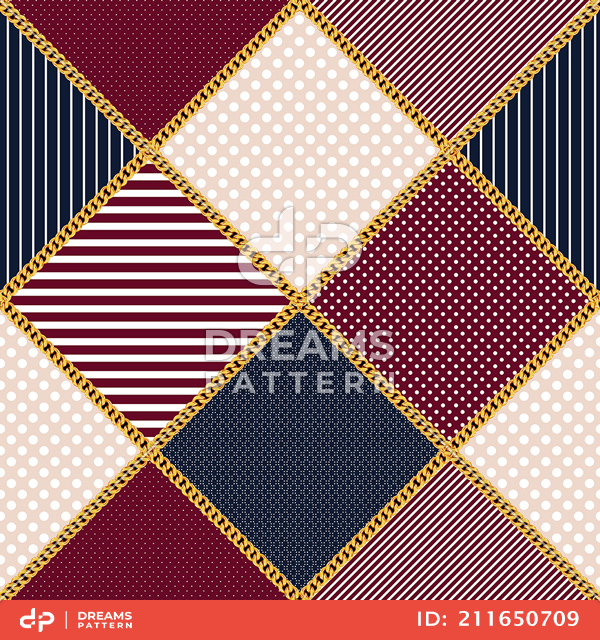 Golden Chains with Dots and Lines on Diamond Shapes, Seamless Pattern For Textile.