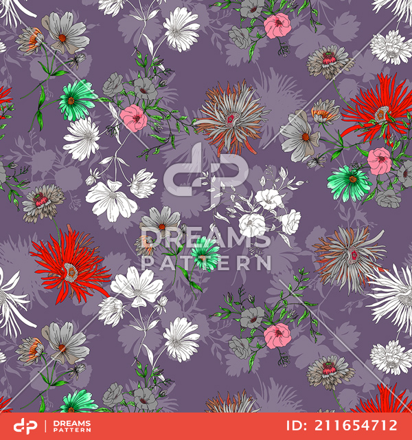 Seamless Hand Drawn Illustration Pattern, Colorful Big Flowers on Purple Background.