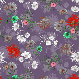 Seamless Hand Drawn Illustration Pattern, Colorful Big Flowers on Purple Background.