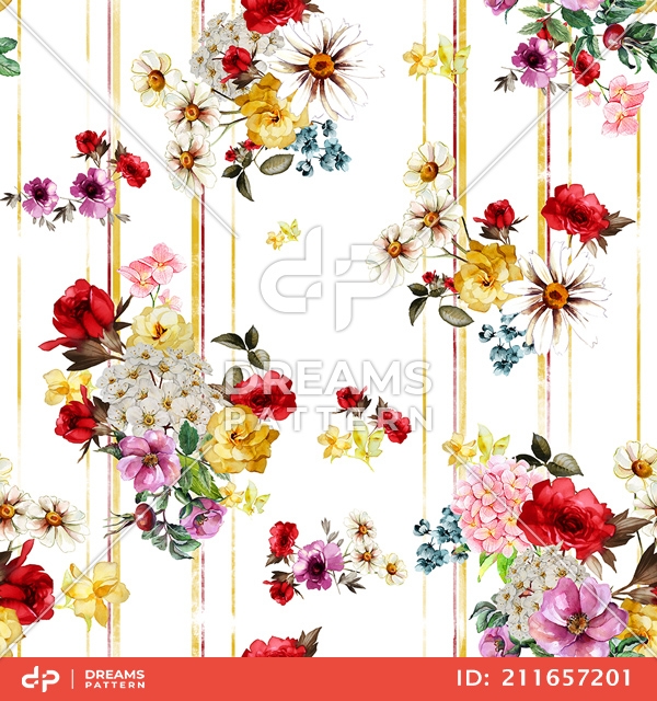 Seamless Floral Pattern with Lines, Pretty Flowers Bouquet Designed for Textile Prints.