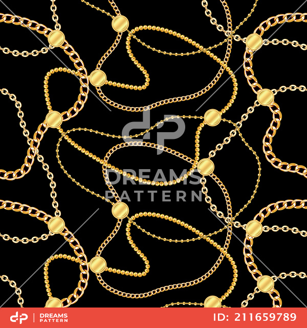 Seamless Luxury Pattern of Golden Motifs and Chains on Black Background.