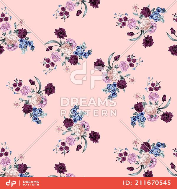 Seamless Colored Floral Pattern On Light Background, Designed for Textile Prints.