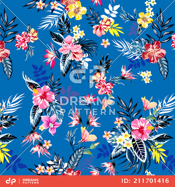 Seamless Colored Tropical Flowers; Hawaiian Floral Pattern, on Blue Background.