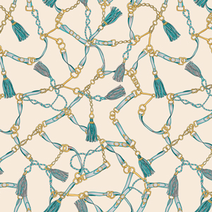 Seamless Pattern of Golden Chains, Rings, Ropes and Belts on Beige Background.
